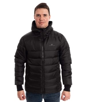 man wearing black light padded jacket