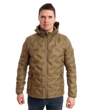 man wearing gold brown light down jacket 1