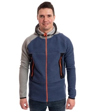 man wearing navy grey merino waffle jacket