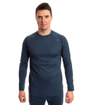 man wearing navy long sleeve top merino underwear 1