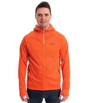 man wearing orange flame powerfleece hoodie 1
