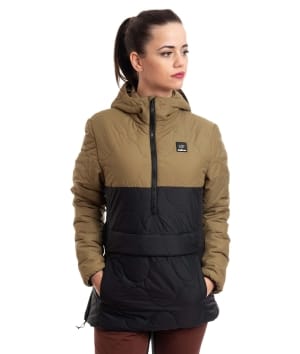 woman wearing gold brown light padded anorak 1