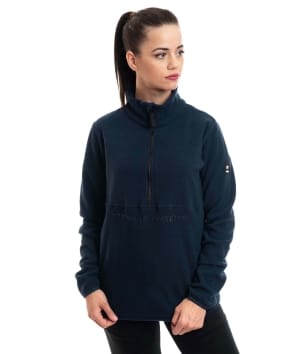 woman wearing navy fleece sweater 1