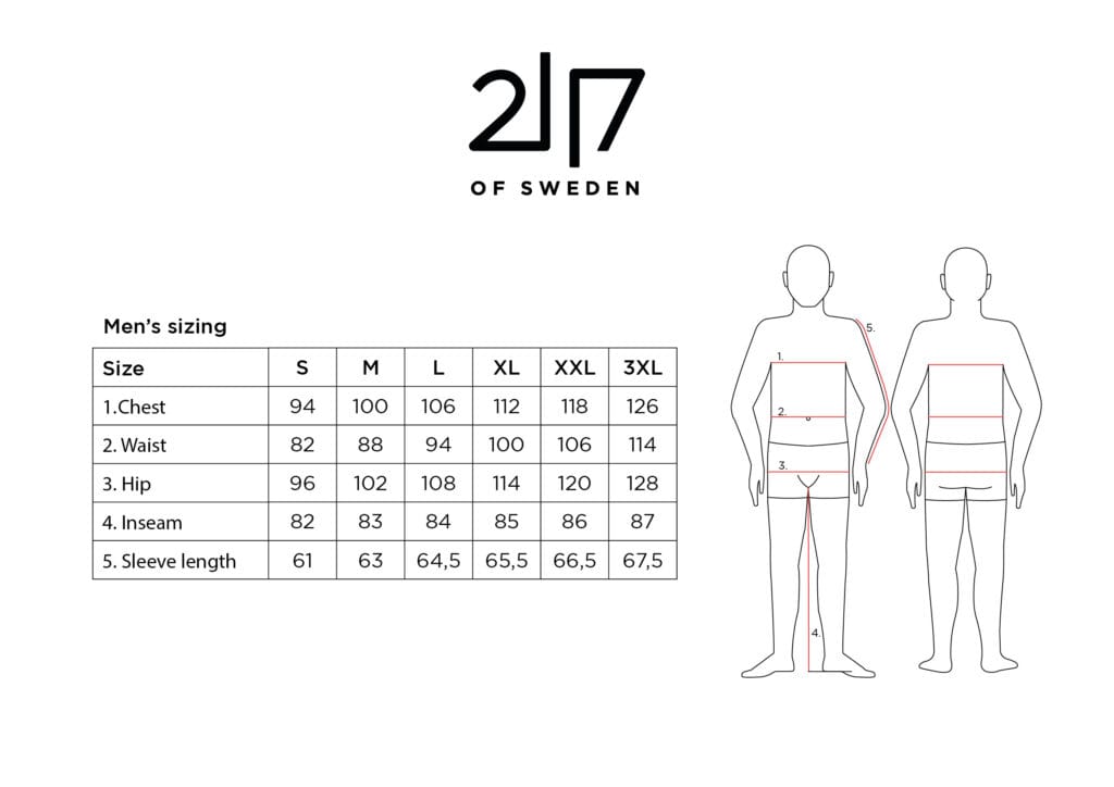 Size guide for Men's sizing for the brand 2117 of Sweden 